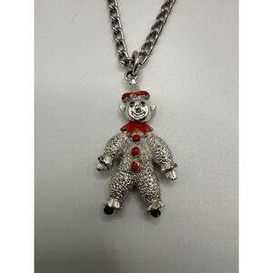 Vintage Sarah Coventry Clown Pendant Necklace Silver Tone Red Enamel 1960s